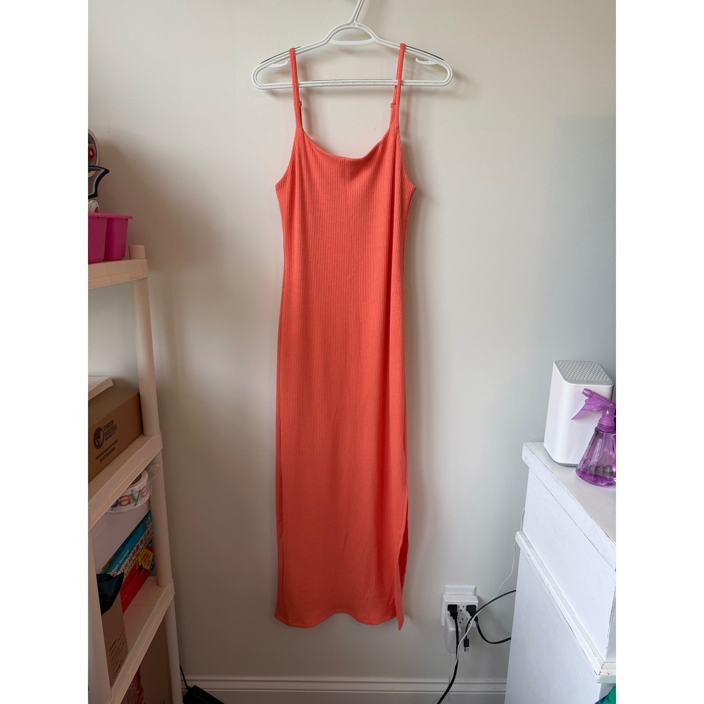 Tyche USA Ribbed Maxi Dress Coral Orange Sleeveless Side Slit Medium M